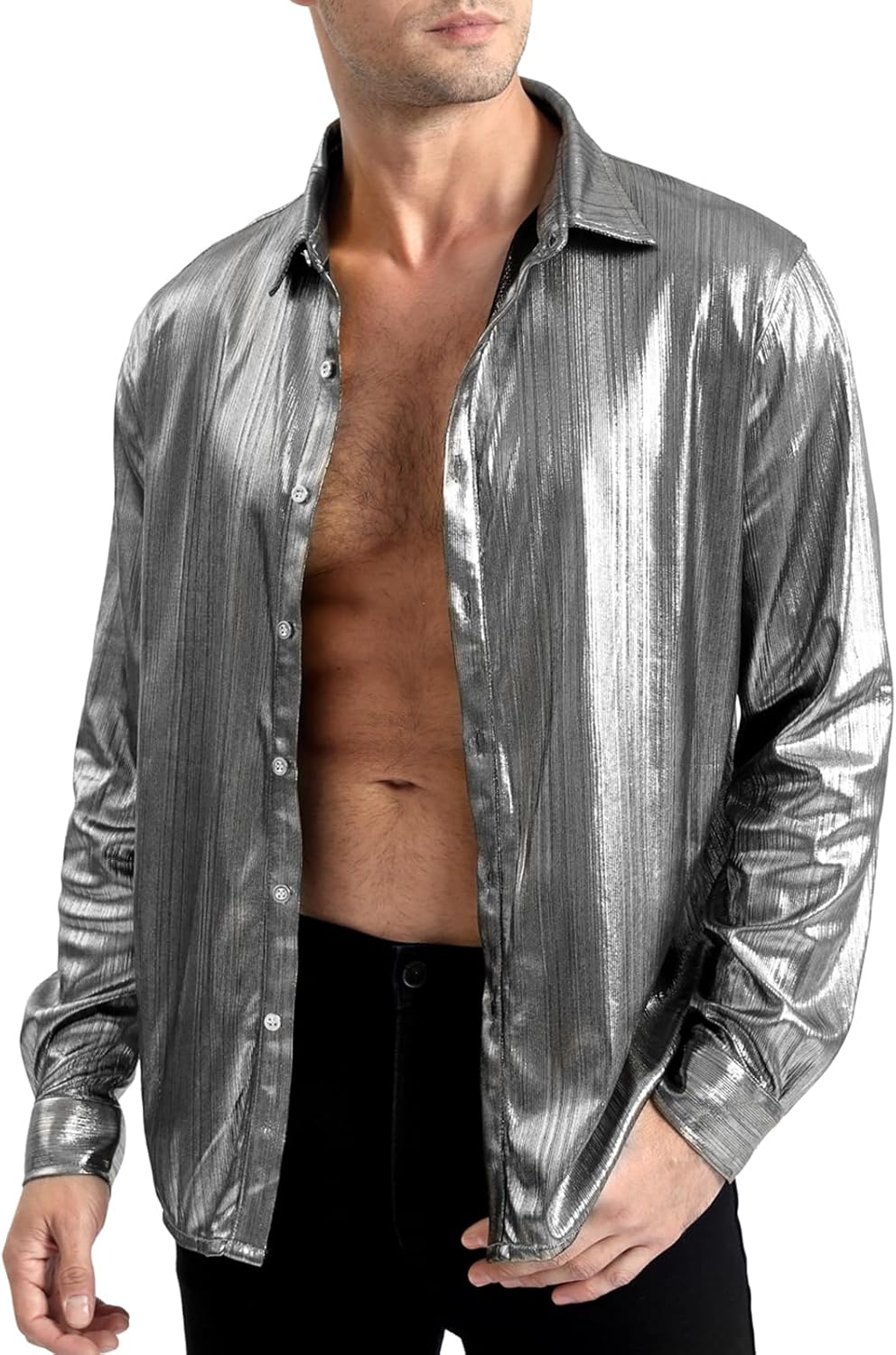 Funny World Men's Disco Shirt Metallic Sequin Long Sleeve Button Down 70s Party Nightclub Christmas Prom Costume