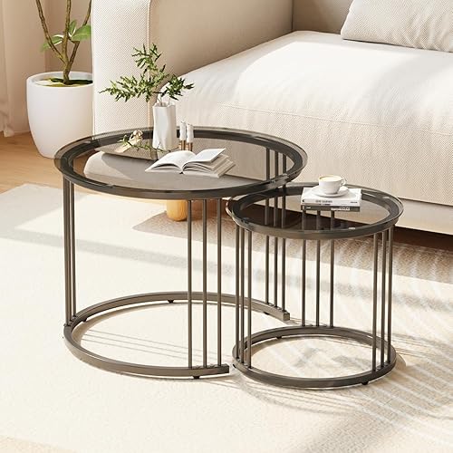 Miniatura 13 de Garden 4 you Mesa de Centro Anidable, Juego de 2 Mesas de Centro Redondas de 23.6 Pulgadas, Mesa Anidable de Vidrio con Marco de Metal, Mesas de