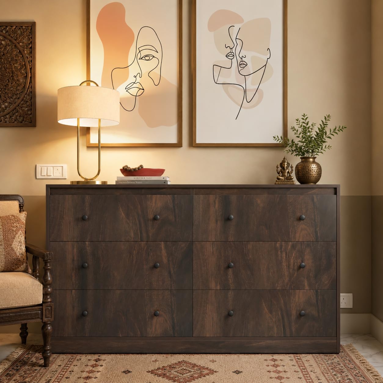 Studio Kook Livaa Wide 6 Drawer Chest of Drawers, Junglewood | Engineered wood, 149x40x86 cm, six drawers on telescopic runners holding 15 kg each, 66x33x19 cm inside, 6 mm PVC legs
