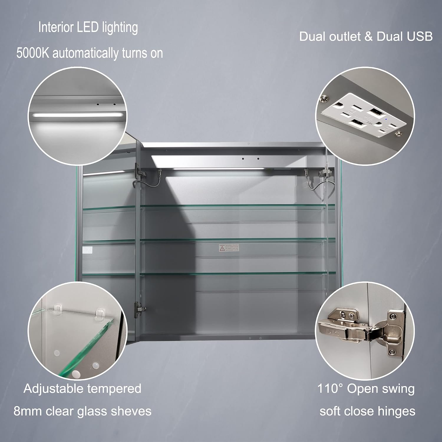 GroGro LED Medicine Cabinets for Bathroom with Mirror,30" W x 30" H Lighted Medicine Cabinet,Surface or Recessed Mount,Adjustable Shelves,Medicine Cabinet Can Defog,Dimming,Outlets & USBs