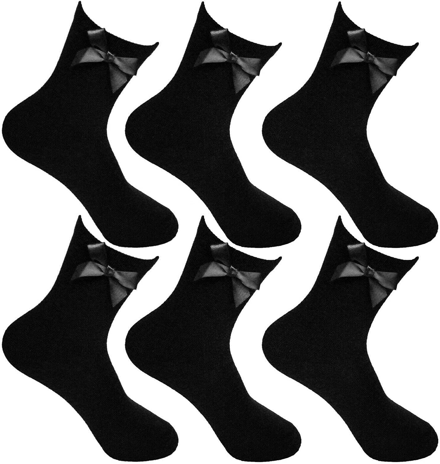 Thread Linens Girls Black 3 Pairs Ankle School Socks With Bow For Kids Cotton Rich Plain Fluffy School Ankle Socks With Matching Bow Socks (12-13, )