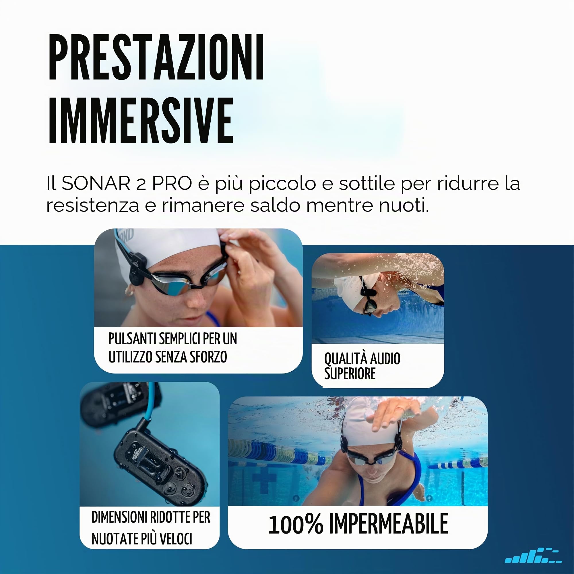 H2O Audio Sonar 2 PRO - Cuffie impermeabili a conduzione ossea per nuoto, auricolari aperti subacquei IPX8, lettore MP3 con playlist+app per streaming Bluetooth, durata della batteria 10 ore