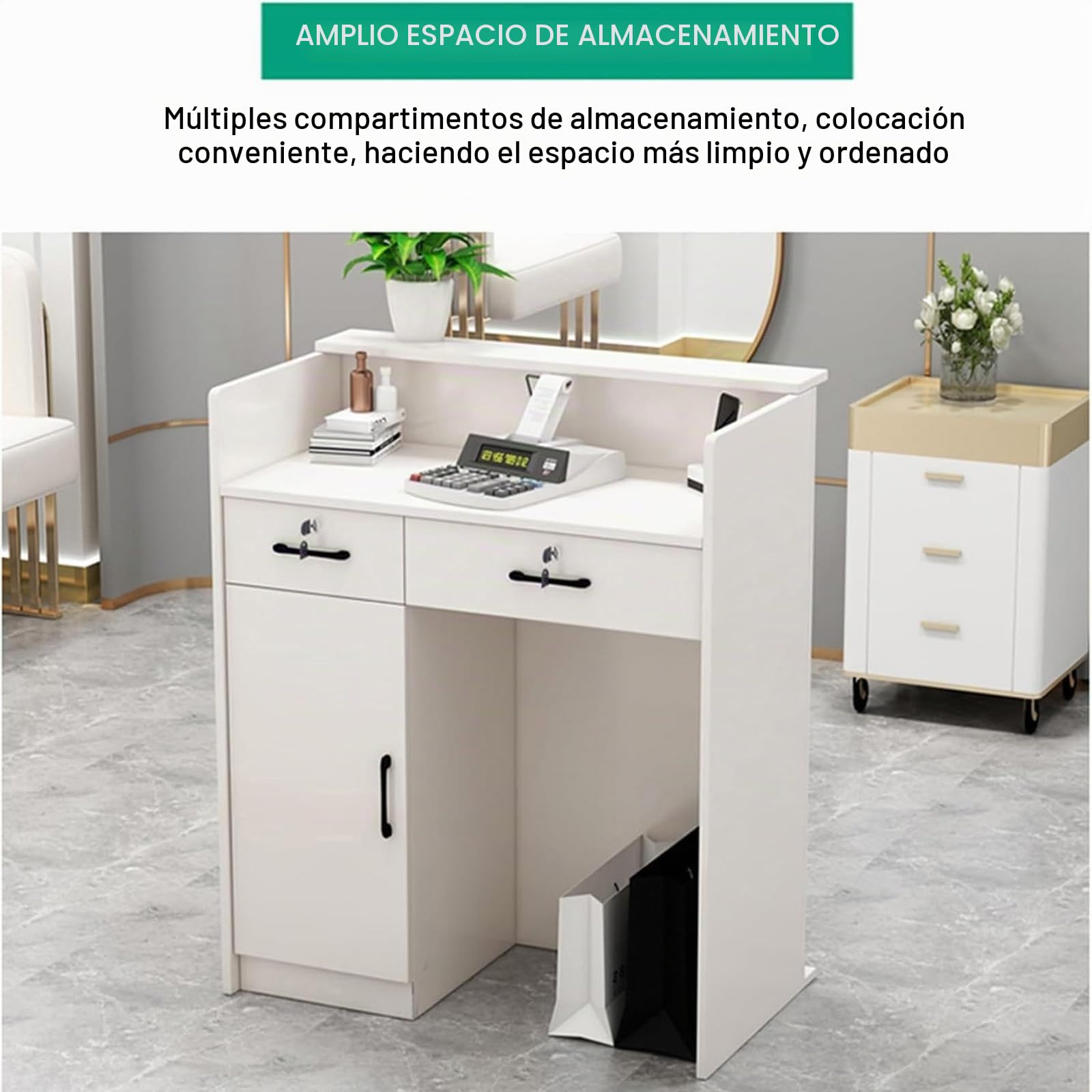 Mostrador De Recepción Frontal, Mostrador De Caja con Cajones y Estantes De Almacenamiento, Mostrador De Recepción Para Salones De Belleza, Tiendas De Ropa y Peluquerías (Blanco con gabinetes)