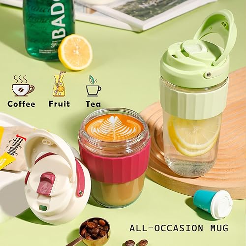 Miniatura 5 de Taza de café de vidrio a prueba de fugas con cierre de tapa, taza de café reutilizable de 17 onzas con asa, sin BPA, apta para microondas y