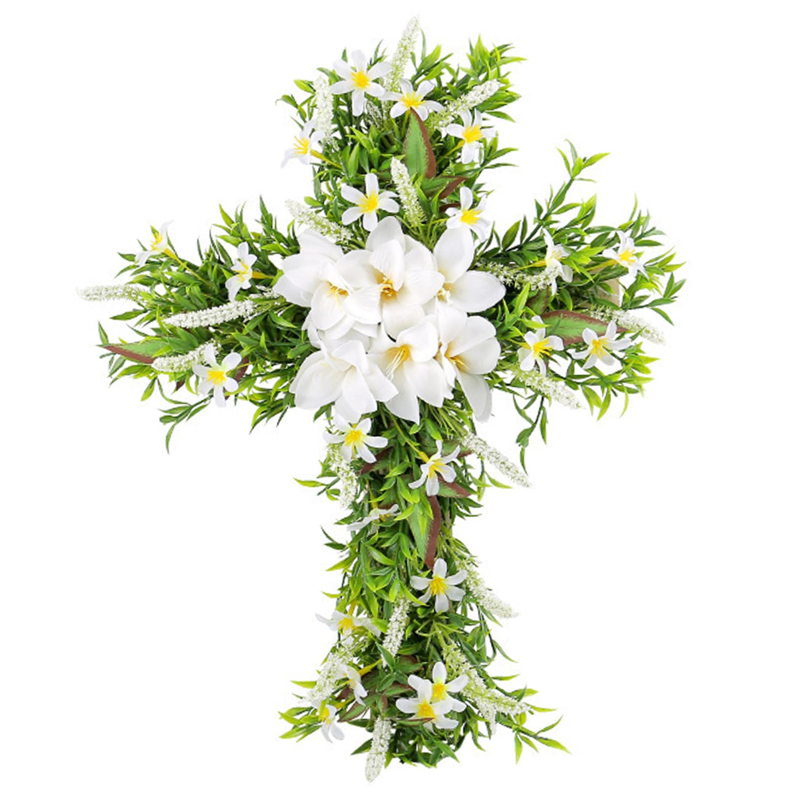 Grsrkep Cross Wreath 20'' Cross Sign with Artificial Lily Flowers, Easter Wreaths for Front Door Hanging Christian Garlands for Home Door Wall Spring Decor