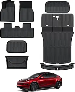 Tesla Model Y Floor Mats for 2025 2026 Juniper, 8PCS All Weather Full Set Cargo Liners Accessories, 3D TPE Odorless Floor Mat Trunk Frunk Rear Well Mats Custom for 5-Seater(Not Fit 7Seat)