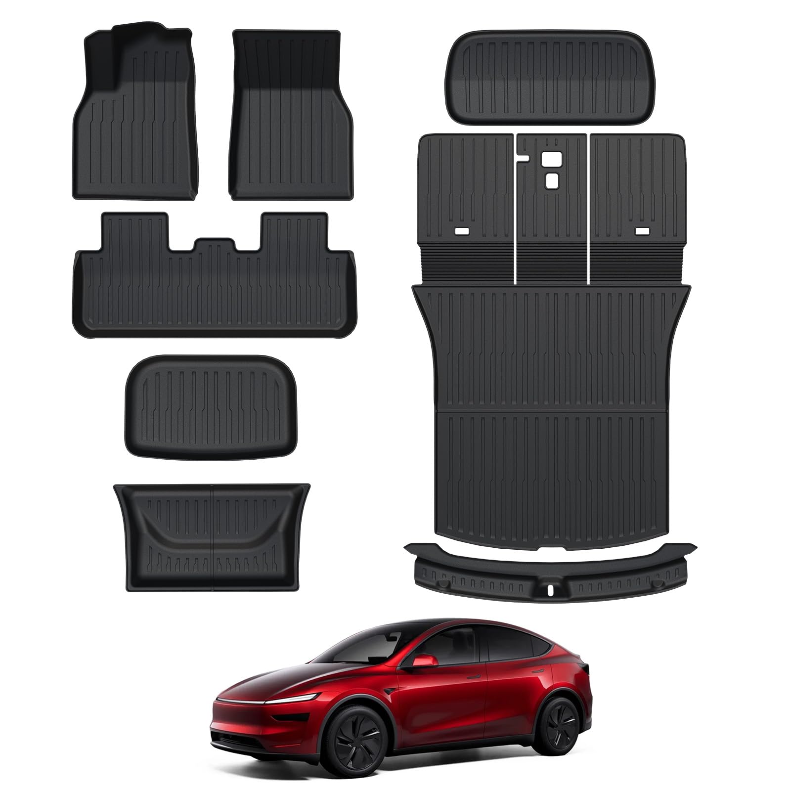 Floor Mats for 2025 2026 Tesla Model Y Juniper, 8PCS All Weather Full Set Cargo Liners Accessories, 3D TPE Odorless Floor Mat Trunk Frunk Rear Well Mats Custom for 5-Seater(Not Fit 7Seat)