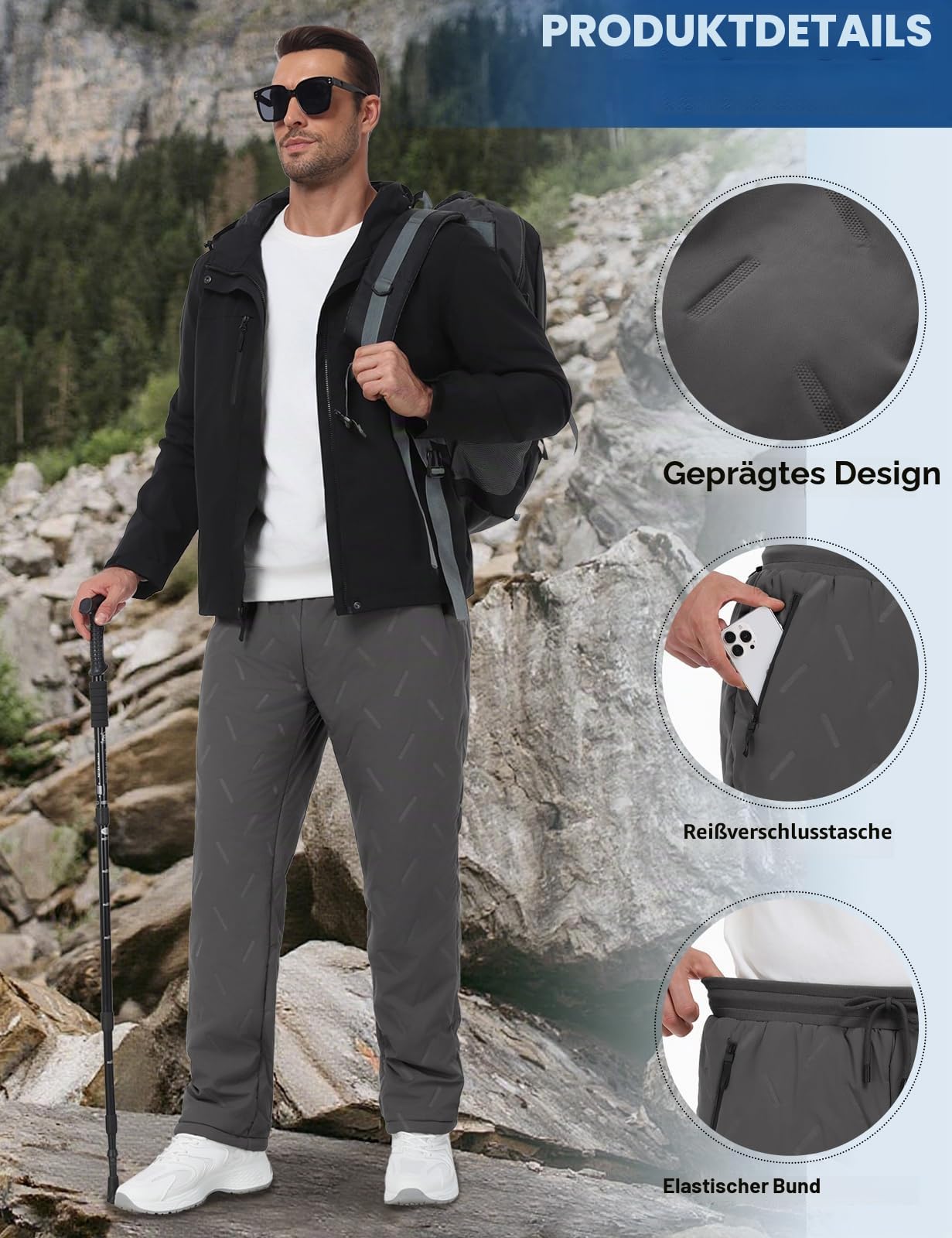 Voqeen Jogginghose Herren Thermo Winter Fleece Sweathose mit Reißverschluss Taschen Dicke Warme Trainingshose Skihose Wasserabweisend Outdoor