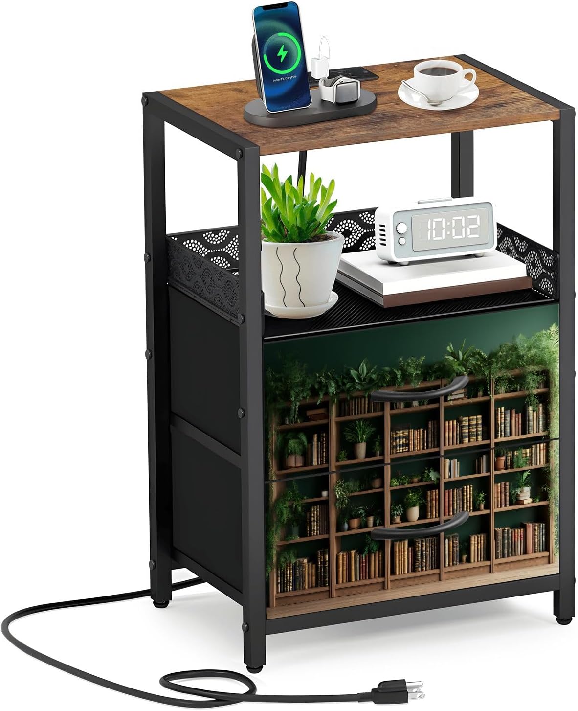 HABEN ARTWORK Night Stand with Charging Station, Green Plant Bookshelf Potted Wooden Side Table with Open Shelf & 2 Fabric Drawers, Bed Side Table Bedroom Nightstand with USB