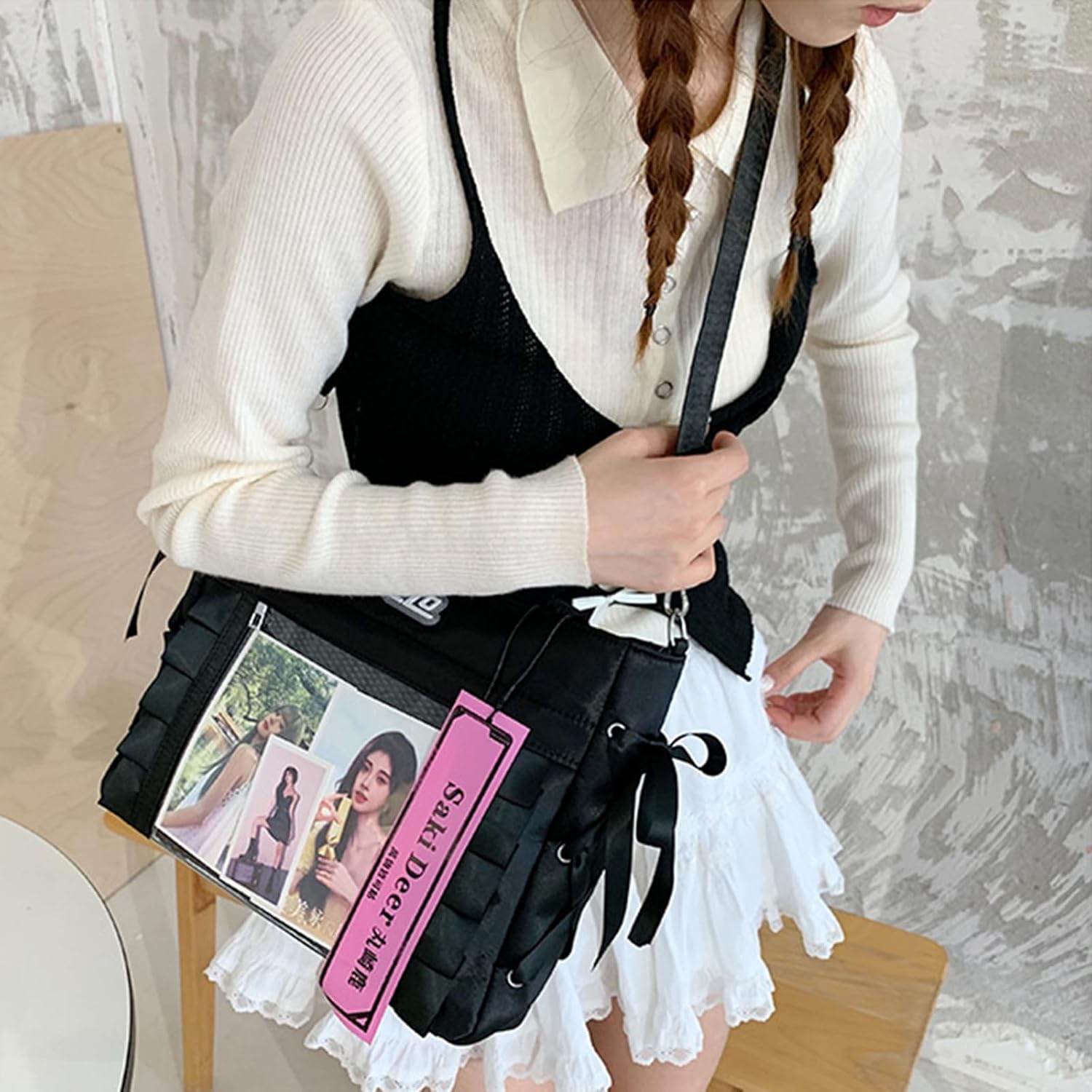 Ita Bag Ribbon Bow Tote Bag Pin Display Shoulder Bag Cute Kawaii Handbag Lolita Crossbody Bag for Anime Cosplay