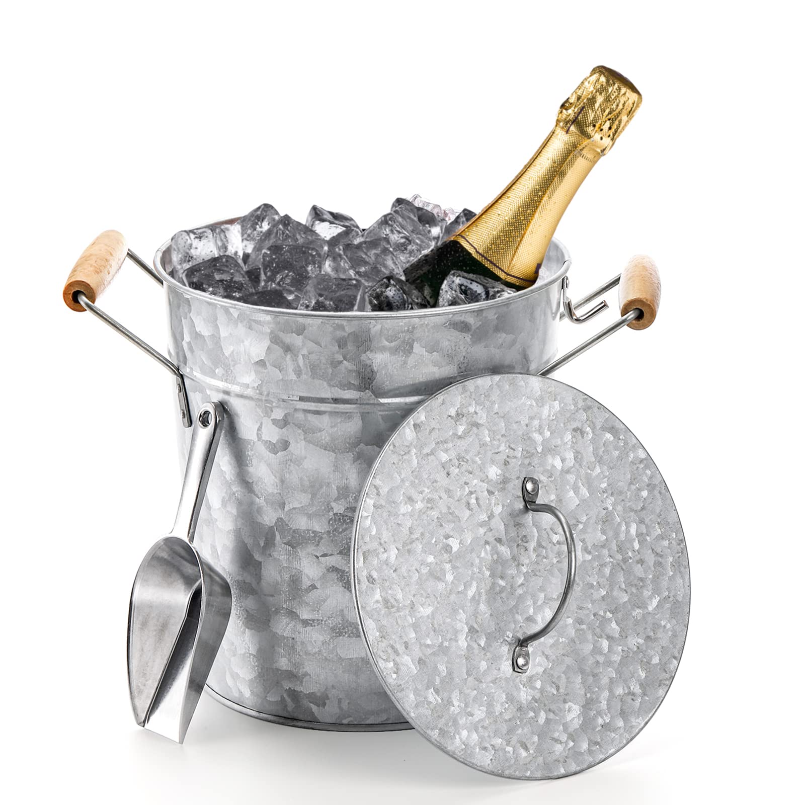 Frcctre 3L Vintage-Eiskübel mit Deckel, verzinktes Metall, Getränke-Eimer mit Schaufel und Tragegriffen, silberfarbenes Kühlgetränkeset für Bar, Party, Grill