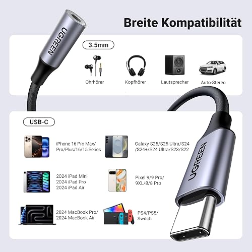 UGREEN Adaptateur USB C Jack 3.5mm TRRS DAC Compatible avec iPhone 17 Pro Max Plus 16 Galaxy S25 S24 Pixel 10 9 8 MacBook iPad Pro Air Câble Casque Micro Écouteurs Numérique 4 Pôles (Gris 1pc) - 9