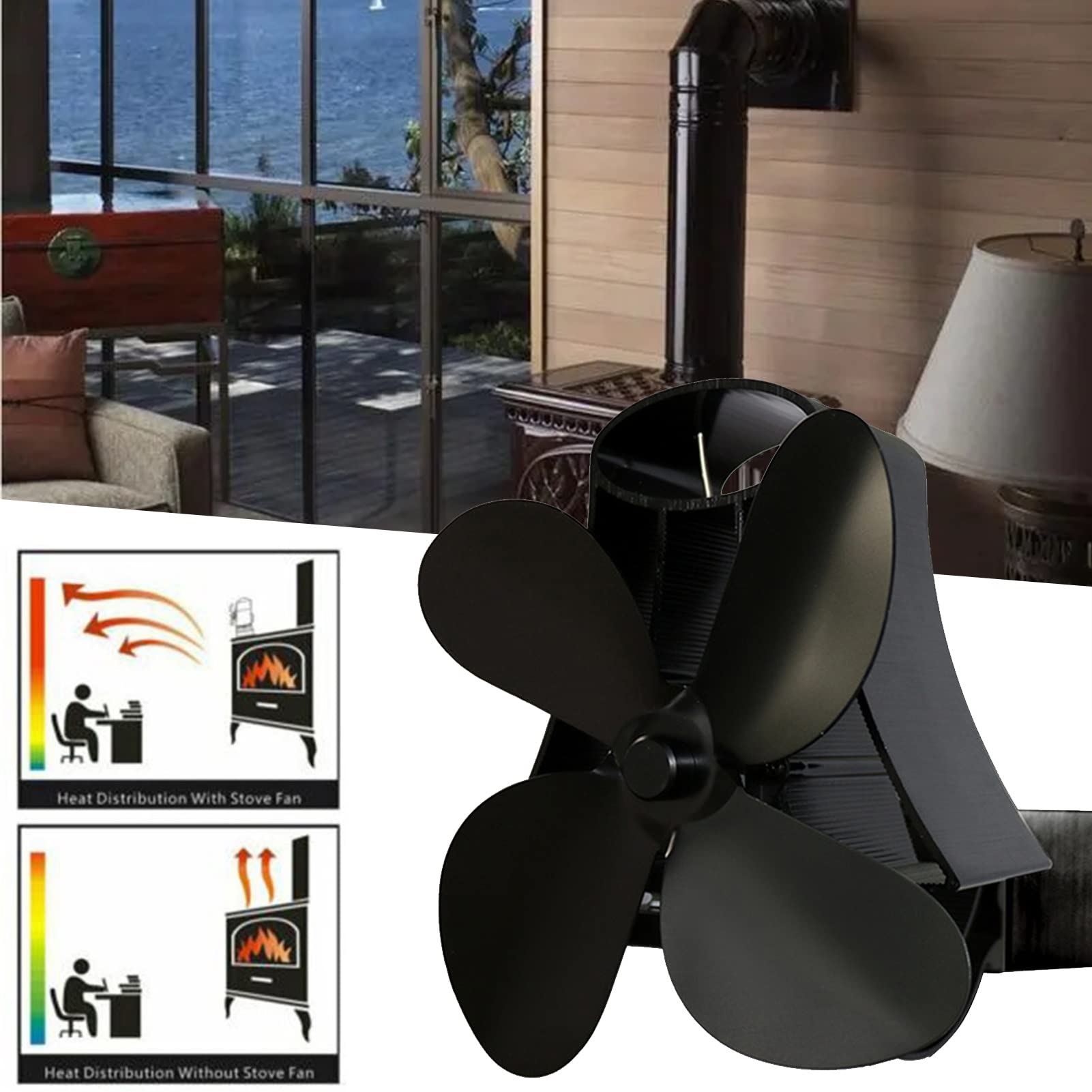 DYK&NX Ventilador De Estufa De Leña De Tamaño Pequeño, Ventilador de la Estufa de Tubo de combustión de 4 Palas para Estufa de pellets/leña/leños, no eléctrica