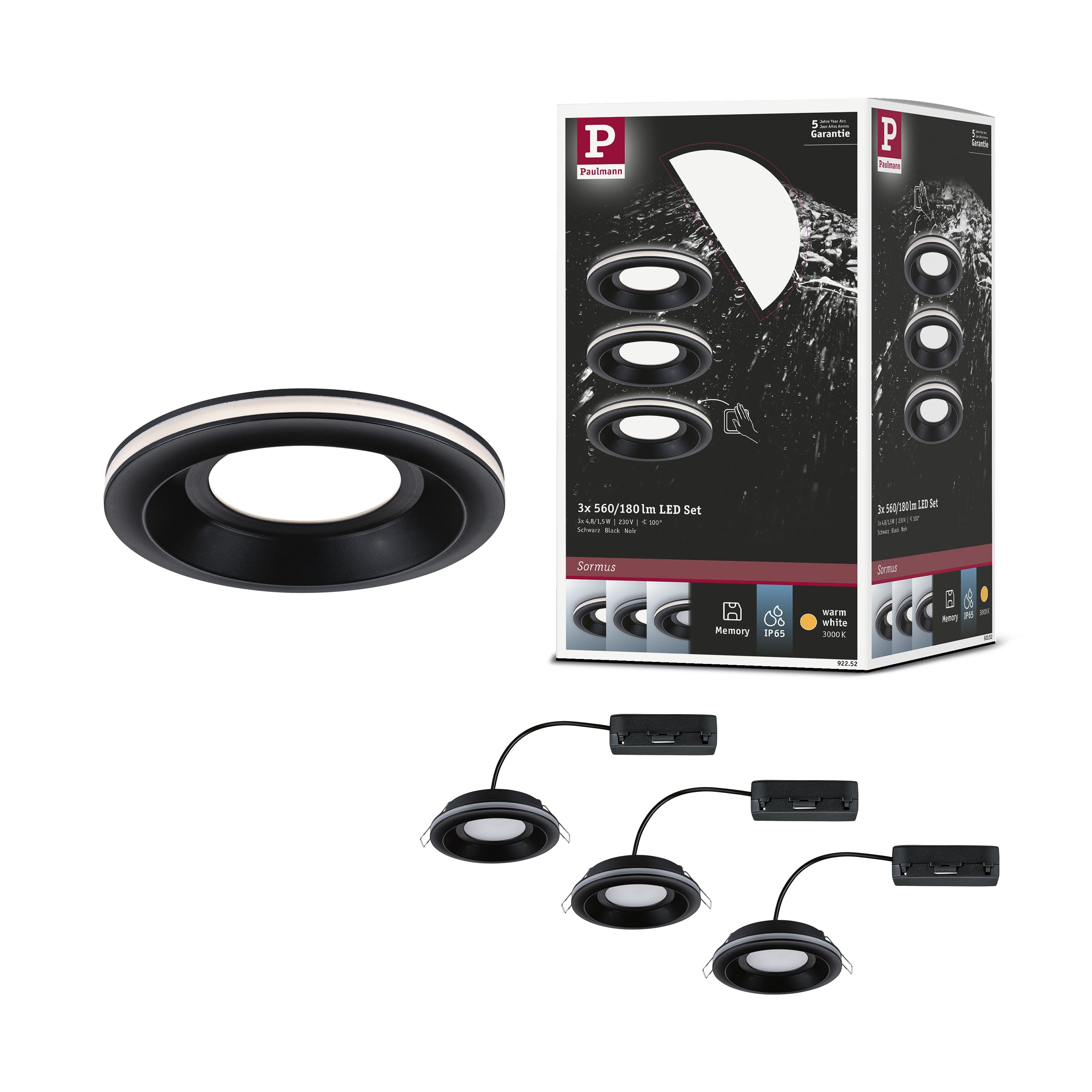 Paulmann 92252 LED Recessed luminaire Sormus IP65 Round 100mm 3x4,8/1,5W 560lm / 180lm 230V 3000K Black