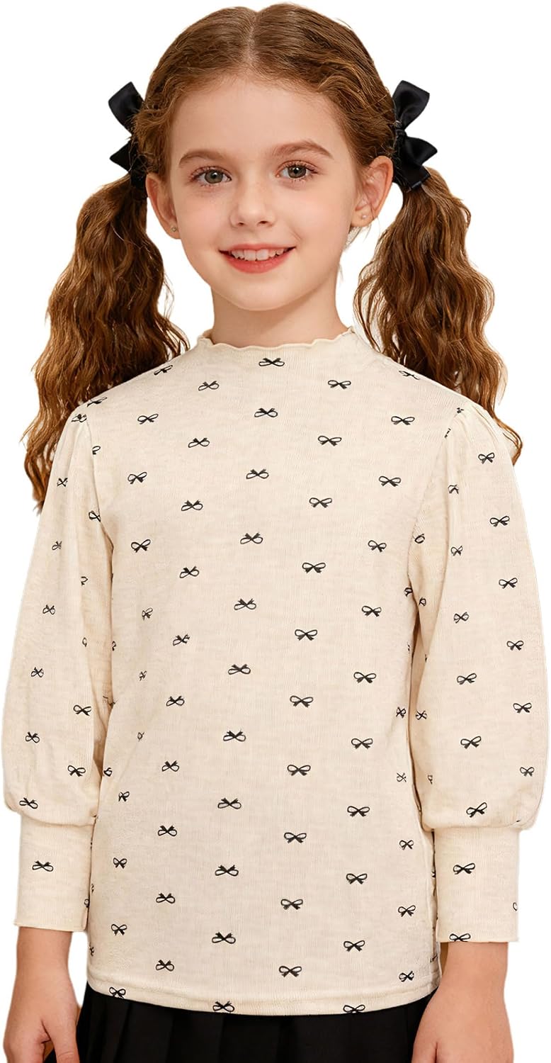 Kids Girls Long Sleeve Shirts Knitted Print T-Shirts Base Layer Tops for Winter Spring Causal Daily