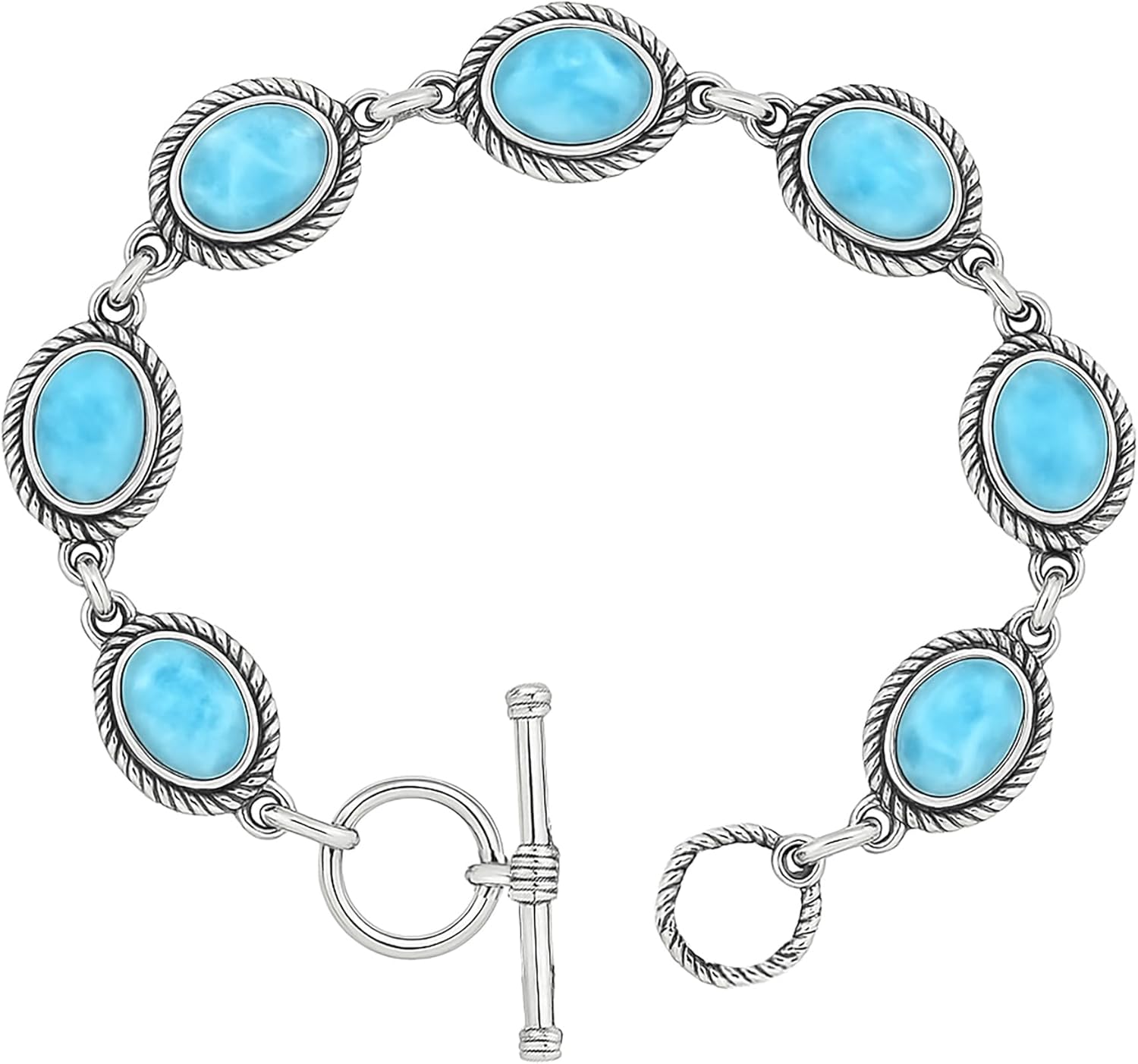925 Sterling Silver Larimar Bracelet for Women – Handmade Oval Blue Larimar Gemstone Link Bracelet – Toggle Clasp Boho Jewelry – Ocean-Inspired Birthstone Gift