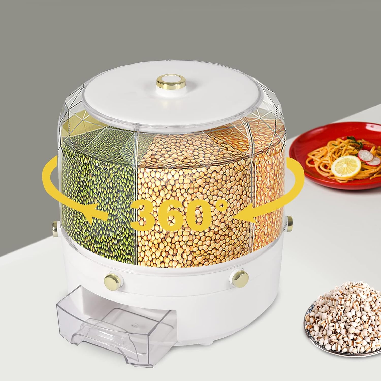 Cereal Dispenser, 6-grid 360° Rotating Grain Dispenser, 6 in 1 Sealed Clear Rice Dispenser, 6kg/13.2lbs Grain Storage Container, Countertop PP+PET Round Granular Dry Food Dispenser, 9.84*9.84in White