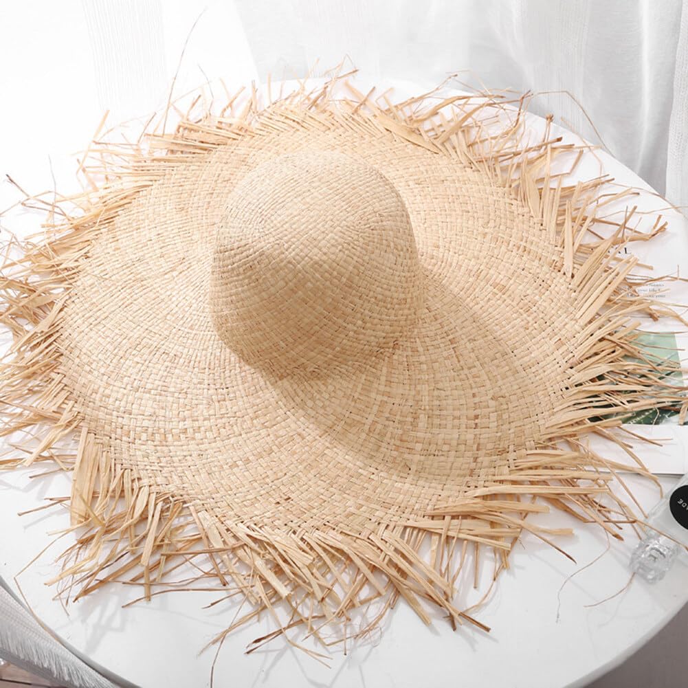 Summer Straw Hat Straw Sun Hat Wide Brim Straw Hat Beach Straw Hat Tassel Straw Hat Handwoven Straw Hat for Women (Round)