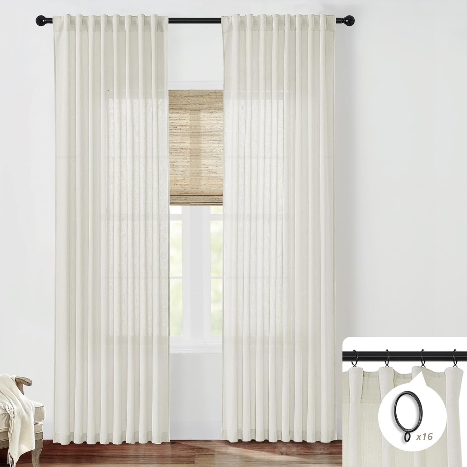 SHINELAND 90 Inch Curtains Long,Sheer Linen Light Filtering Pleated Extra Long Curtains 90 Inch Length 2 Panel Set for Living Room 50"W x 90"L (Pack of 2) Natural