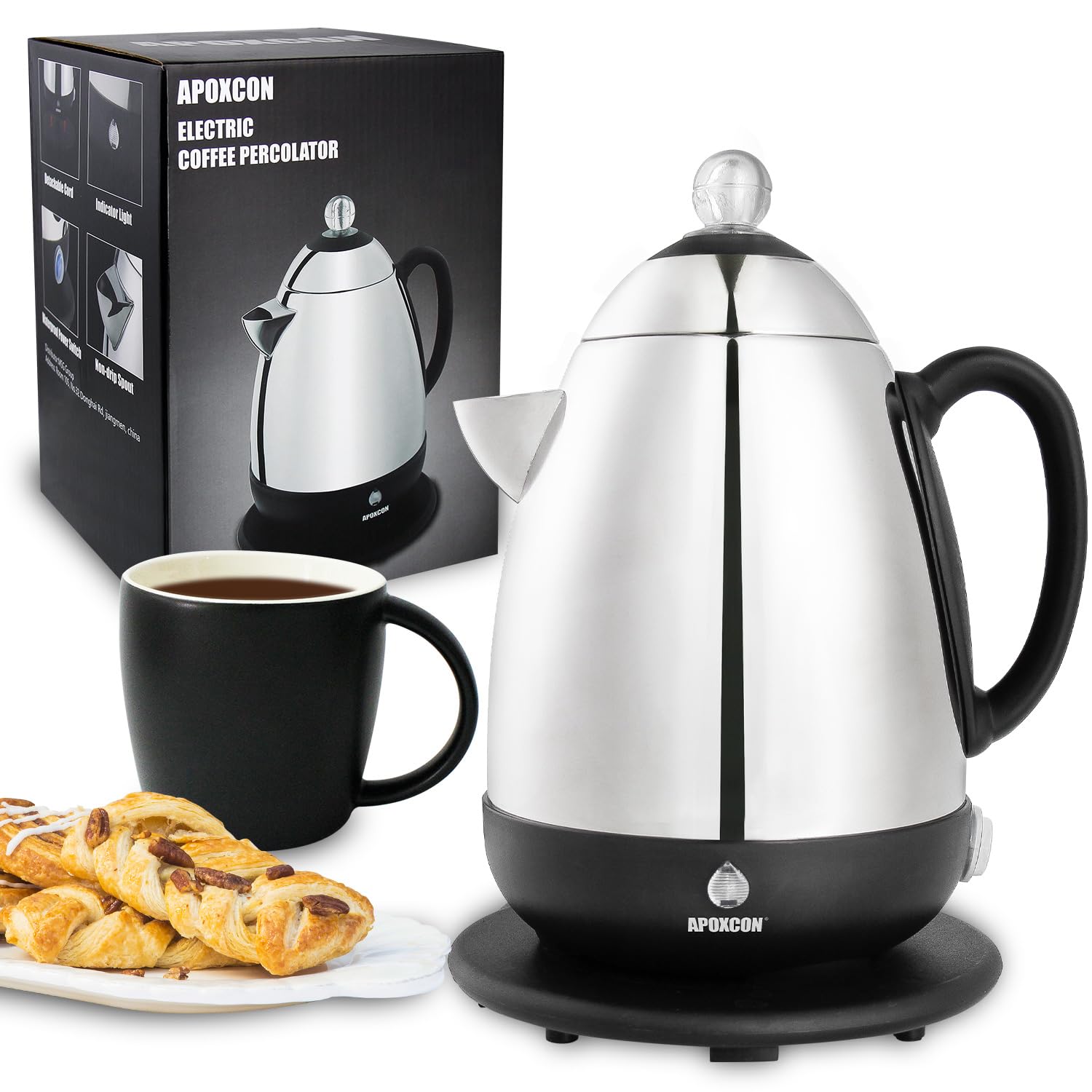 Cafetière en acier inoxydable 1,2 L APOXCON pour 10 tasses avec bec anti-goutte