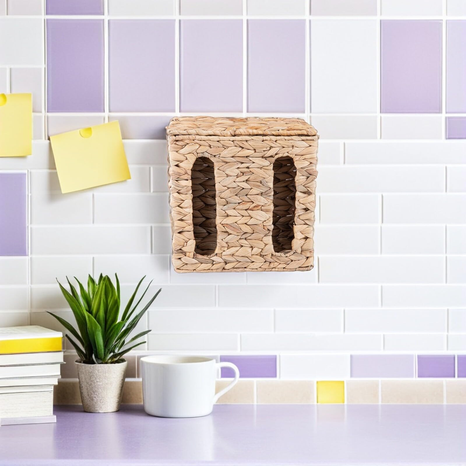 PRETYZOOM Distributeur de Sacs Poubelle en Fibre Naturelle avec Couvercle Mural pour Cuisine ou Bureau