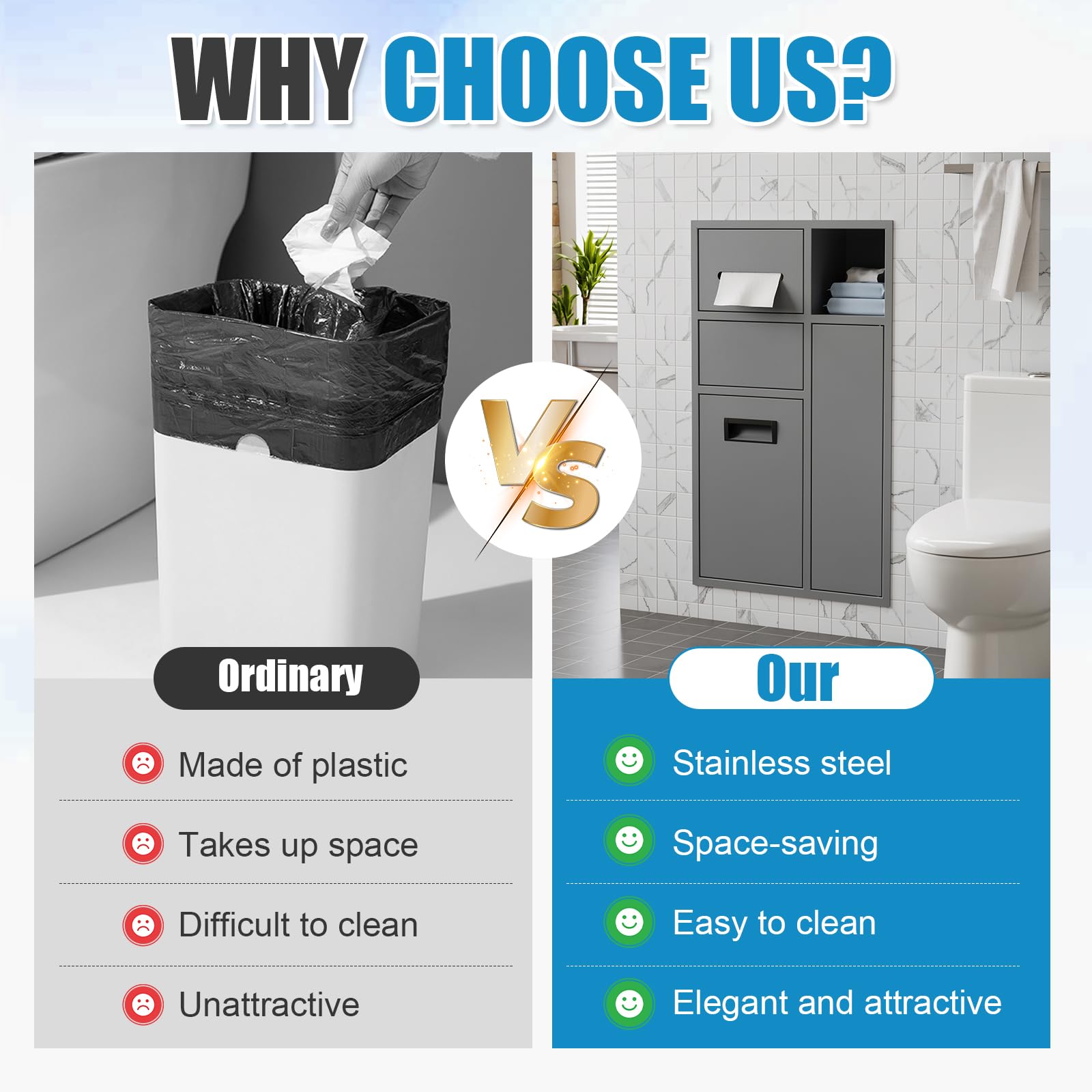 MSFE Portarrollos de Papel Higiénico Empotrado,4 en 1 Nicho de Acero Inoxidable con Porta Pañuelos, Estante,Papelera y Armario para Escobillas de Baño para Baños y Aseos,67 * 40 * 14.13 CM