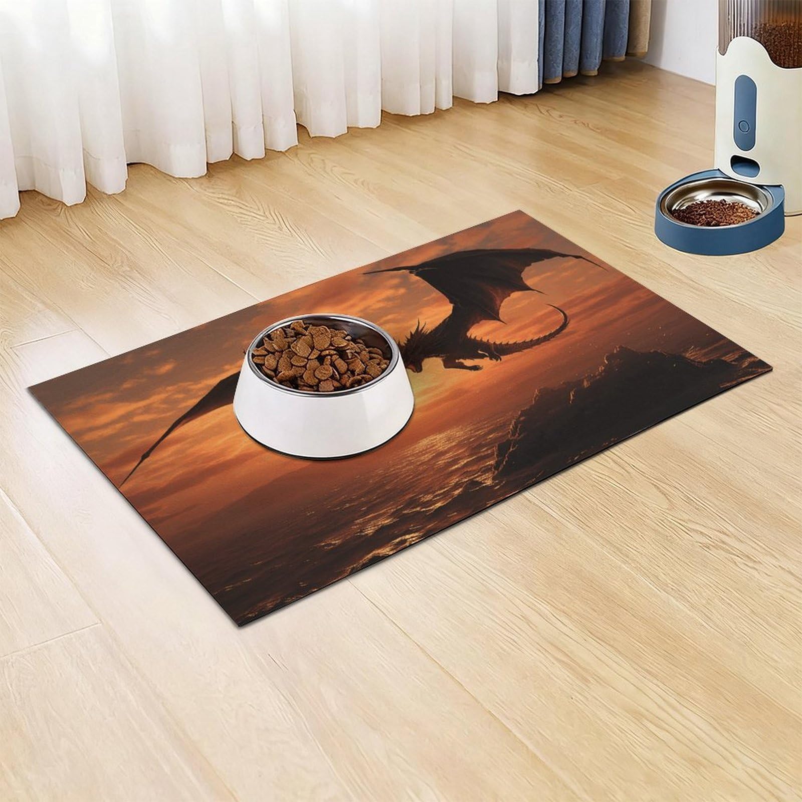 Sea Sunset Tapis d'alimentation pour chat Dragon volant – Tapis d'alimentation antidérapant pour chien facile à nettoyer pour la nourriture et l'eau, tapis de gamelle pour chien et chat 43,2 x 76,2 cm