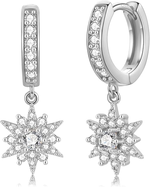 Sliver Drop Hoop Earrings for Women Girls,925 Silver Huggie Dangle Earrings with Sparkling Star Hexagram Cubic Zirconia Hypoallergenic Jewelry Gifts Anniversary Birthday Wedding (Silver & Gold)