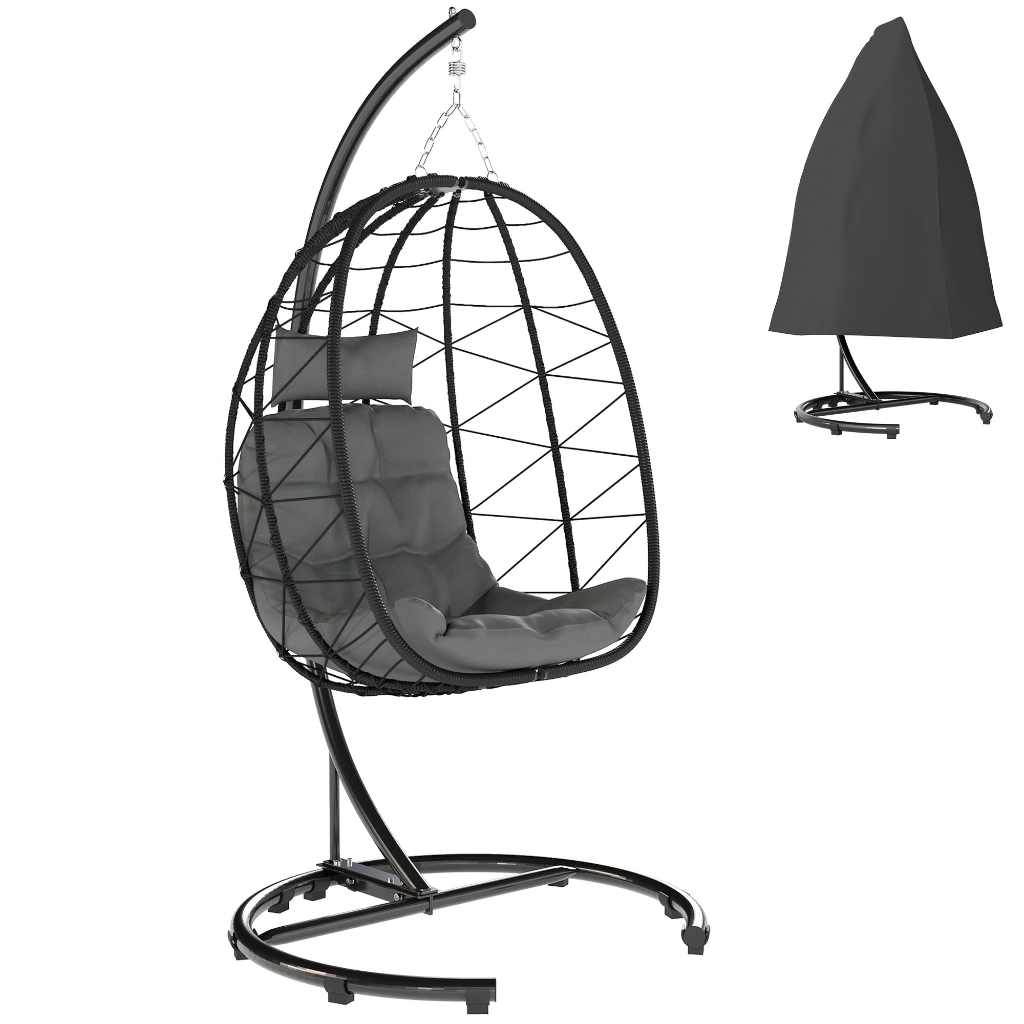 Outsunny Hängesessel Rattan Hängestuhl 195 cm Höhe Schaukelkorb Indoor Outdoor inkl. Gestell, Kissen, wasserdichte Abdeckung, für Terrasse, Garten bis zu 150 kg, Dunkelgrau