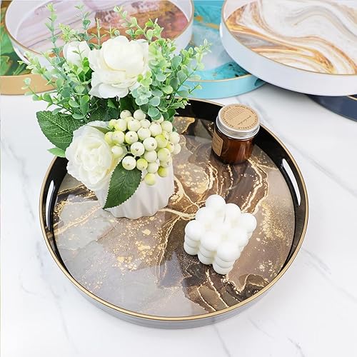 Miniatura 3 de Bandeja decorativa redonda de mármol negro con asas, bandeja de plástico Morden de 13 pulgadas para mesa de café, baño, otomana, decoración del hogar