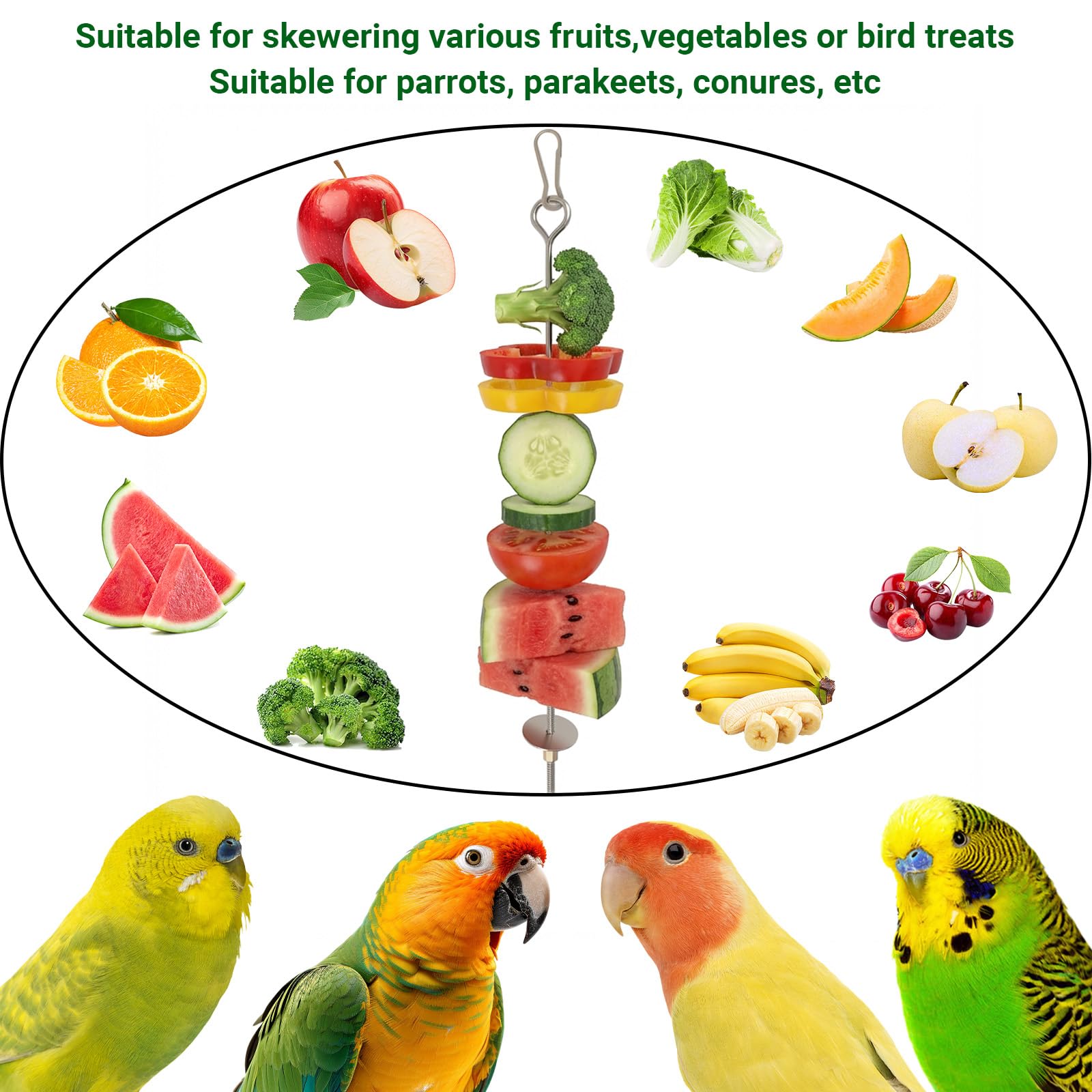 Bird Cage Food Holder - 2 Pcs Stainless Steel Parrot Fruit Vegetable Skewer Bird Cage Feeder, Birds Foraging Toys with Hooks for Parakeets, Budgies, Macaws - image 4