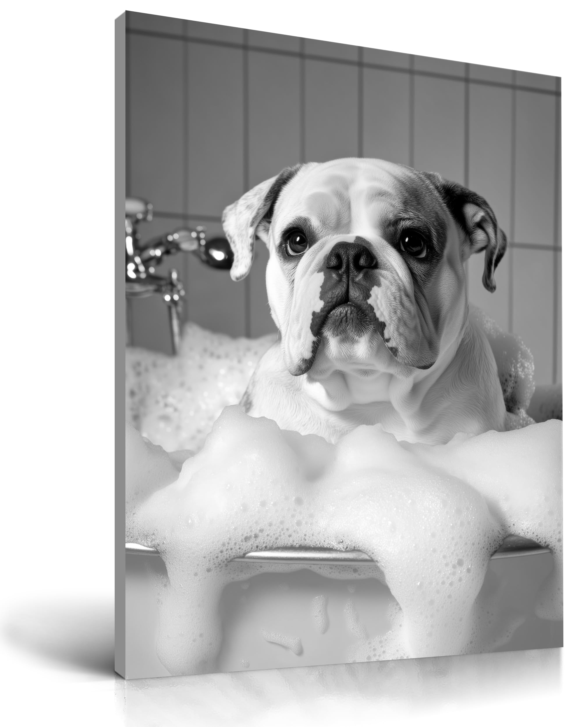 KensTro Funny Bathroom Wall Art Decor,12" x 16" Framed Canvas Bathroom Wall Art Picture,Black and White French Bulldog Dog Bathing Wall Art Animal Abstract Prints,Wall Decor for Kid's Room,1Pack Gift