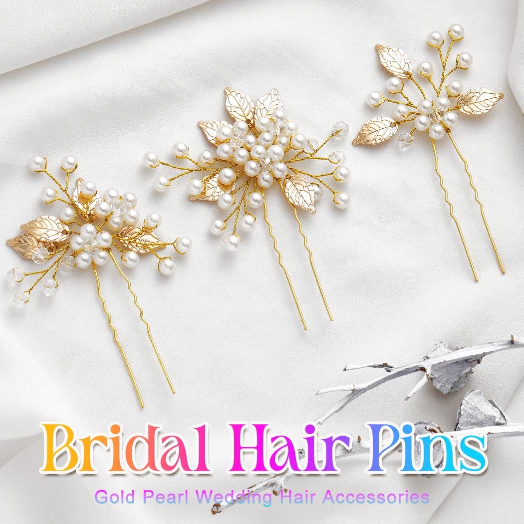 Heread Pearl Bride Wedding Hair Pins Leaf Bridal Head Piece Flower Hair Accessories for Women and Girls (Pack of 3) (Gold) - Image 2