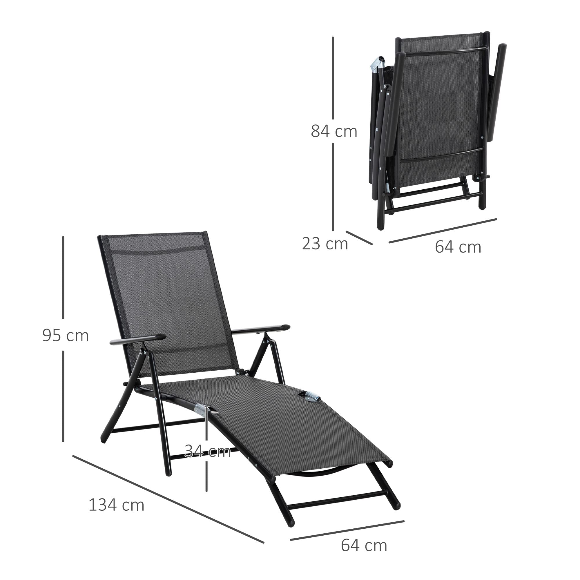 Outsunny Set 2 Sedie Sdraio da Giardino Pieghevoli in 7 Posizioni Nere | Schienale Regolabile, Lettino Prendisole, Sdraio da Spiaggia, Alluminio, Rete Traspirante