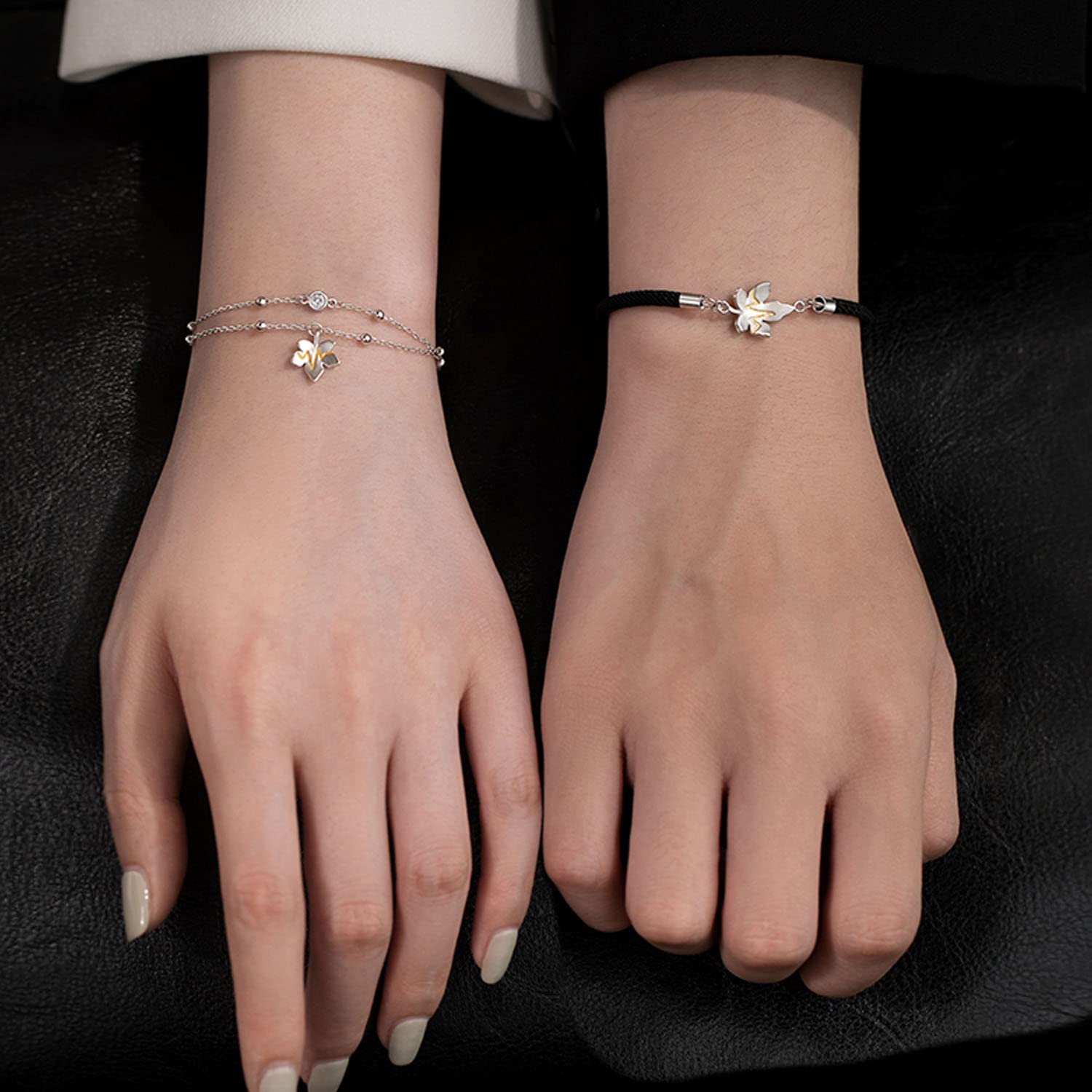 Pulsera de Pareja Diseño de Hoja de Arce Plata de Ley 925 Cuerda Trenzada Ajustable Promesa Relación Pulseras Regalos de Joyería