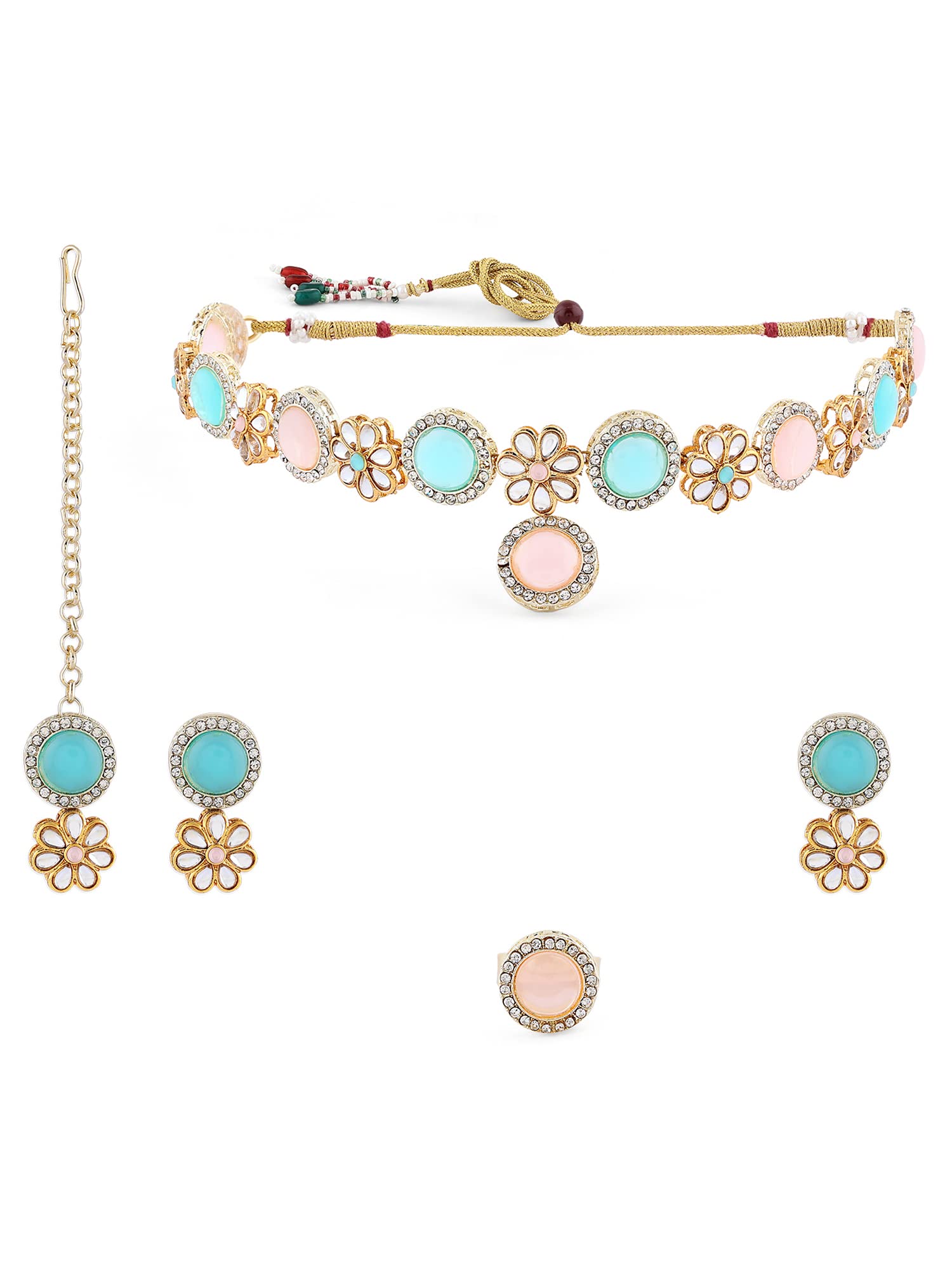 ZAVERI PEARLS Turquoise Blue Pink Kundan Flowers Necklace Earring Maangtikka Ring Set For Women-ZPFK15978 (B0C4TTQNRC) Amazon Price History, Amazon Price Tracker