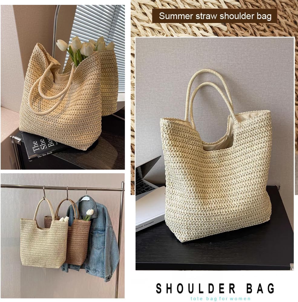 Straw Beach Bags for Women Woven Beach Tote Bag Casual Boho Large Shoulder Handbags Purse for Vacation Holiday - Image 5