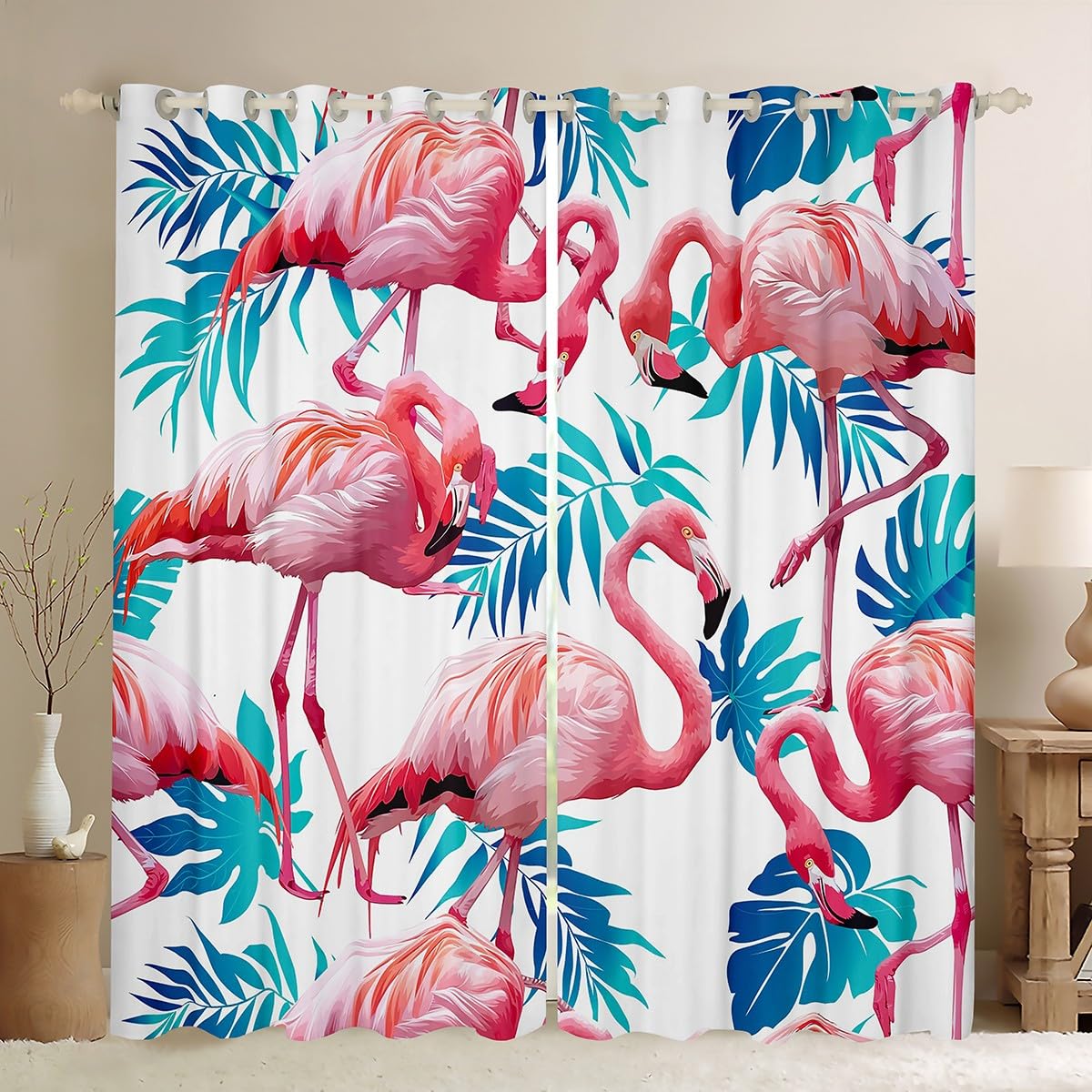 Castle Fairy Flamingo Window Curtains Tropical Palm Leaves Window Treatments Wild Birds Animal Window Drapes for Kids Hawaiian Theme Grommet Top 2 Panel Set Bedroom Curtains, 38Wx54L inch
