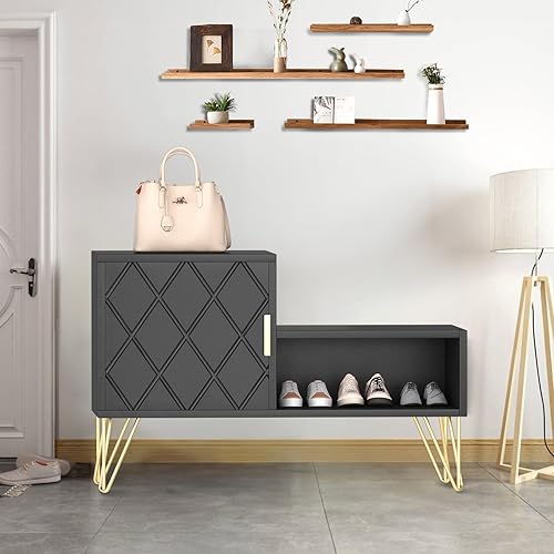 Miniatura 3 de yoyomax Banco de almacenamiento con 2 compartimentos y estante ajustable, soporta hasta 350 libras zapatero para entradapasillo (30 pulgadas, negro)