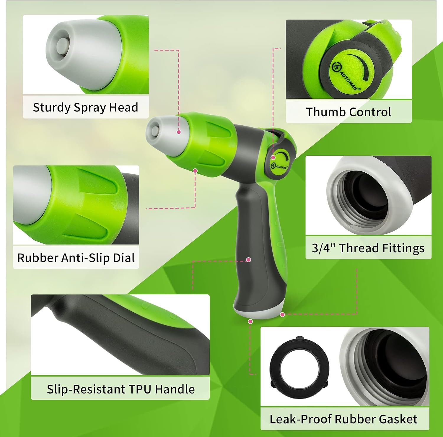 AUTOMAN Garden Hose Nozzle - 2 Pack, Thumb Control Sprayer, Slip-Resistant Water Nozzle, Extra 4 Washers, for Watering Plants Lawn & Garden, Cleaning, Washing Car, Showering Pets image 3