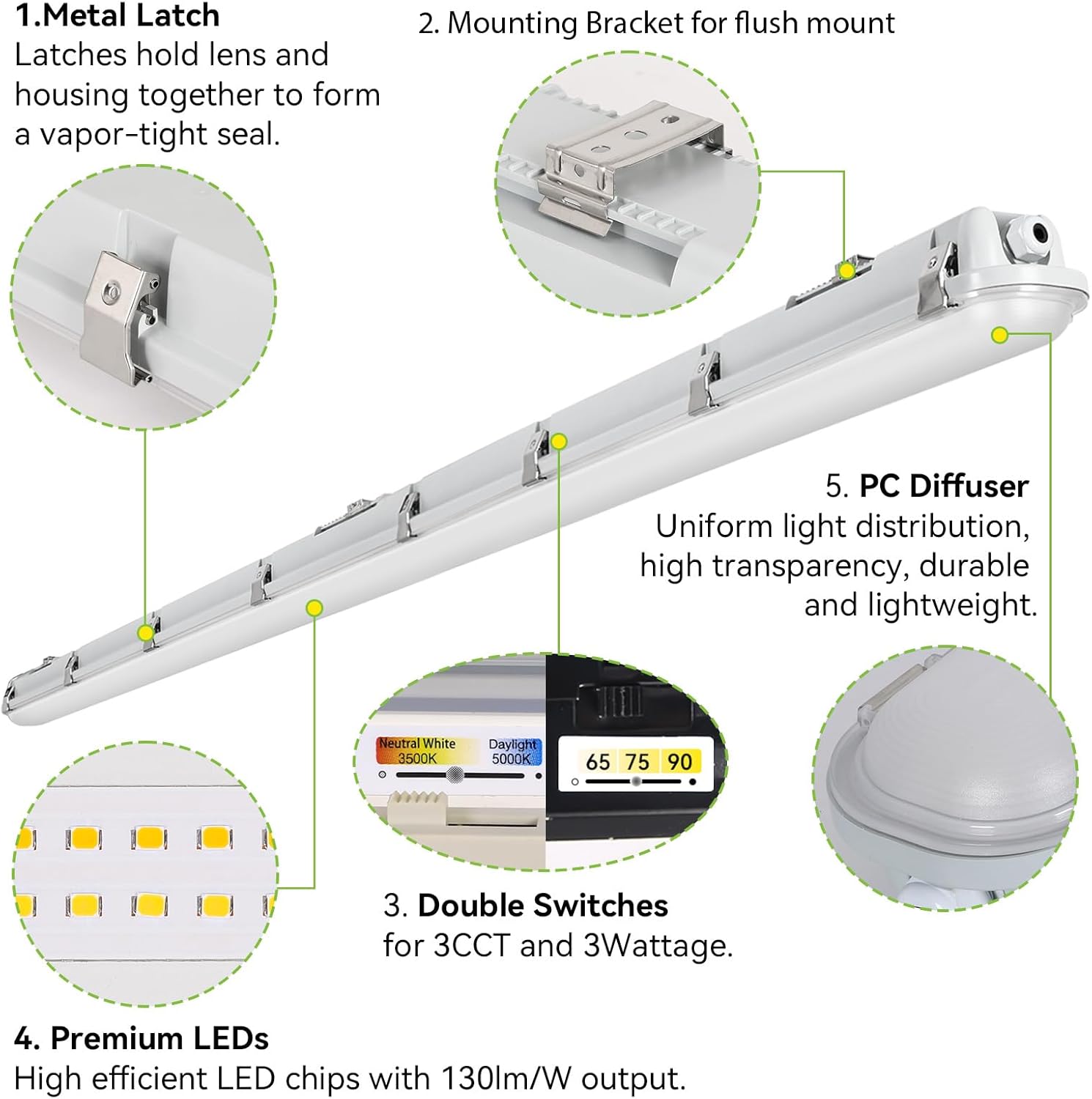hykolity 8FT LED Vapor Tight Light, 80/100/120W Vapor Light Fixture, [4-lamp F32T8 Equiv.] 3000K/4000K/5000K CCT Selectable, 130lm/W, Waterproof Shop Light for Parking Carport Car Wash, 2 Pack
