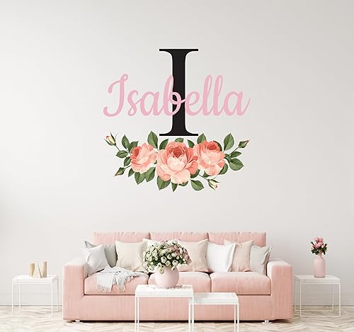 Miniatura 2 de CuteDecals Calcomanías de pared personalizadas con nombre y inicial de flores, decoración artística de peonías, calcomanías murales de niñas para
