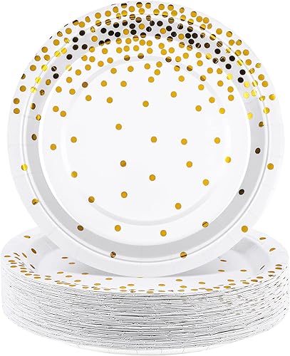 Aneco 60 platos de papel desechables de 7 pulgadas, platos de postre de lunares blancos y dorados, platos de papel redondos para bodas, despedidas