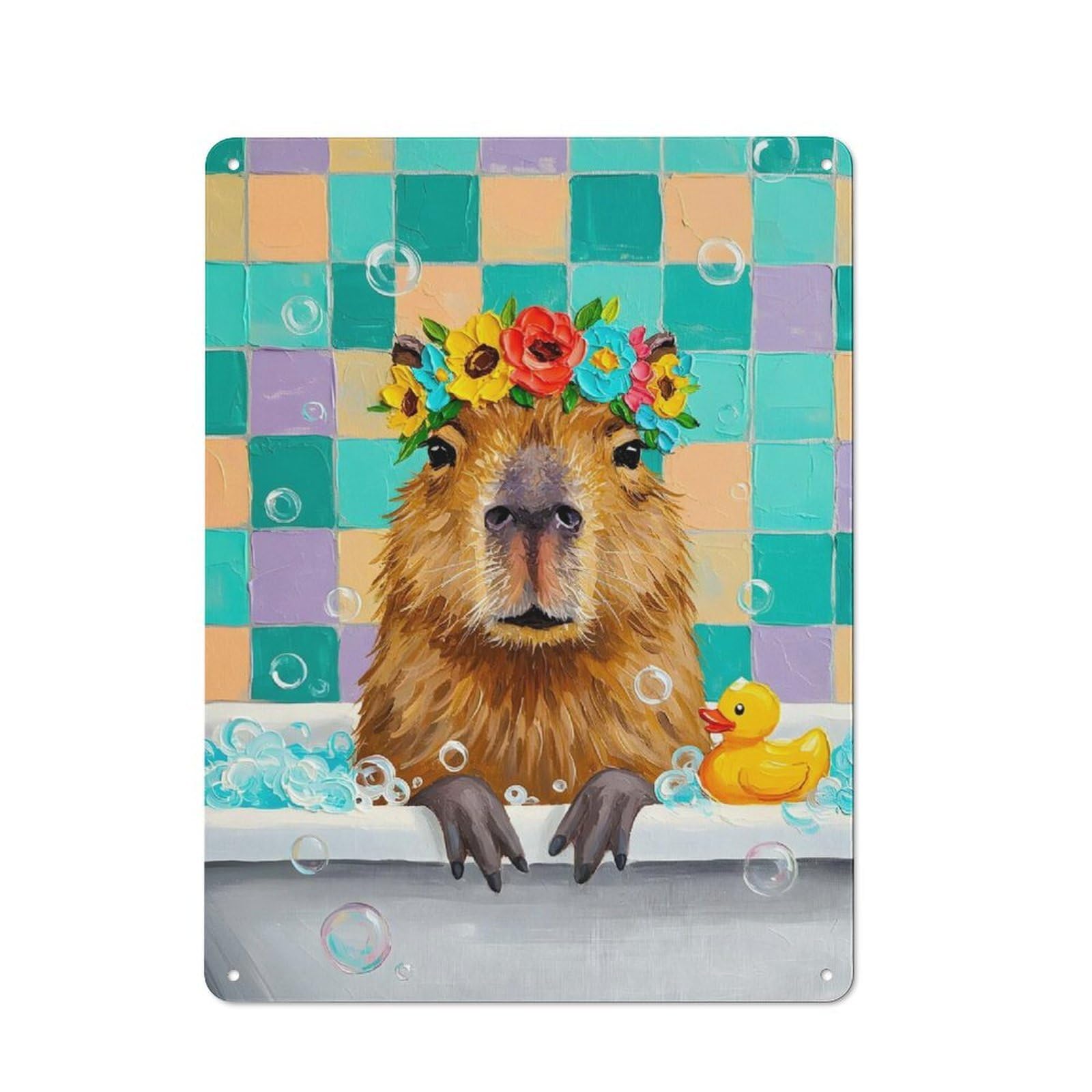 Junmoney Capybara In Bathtub With Flower Crown Metal Wall Art Sign 40X30cm, Old Fashioned Nostalgic Wall Art For Living Room, Hallway, Kitchen Or Cafe