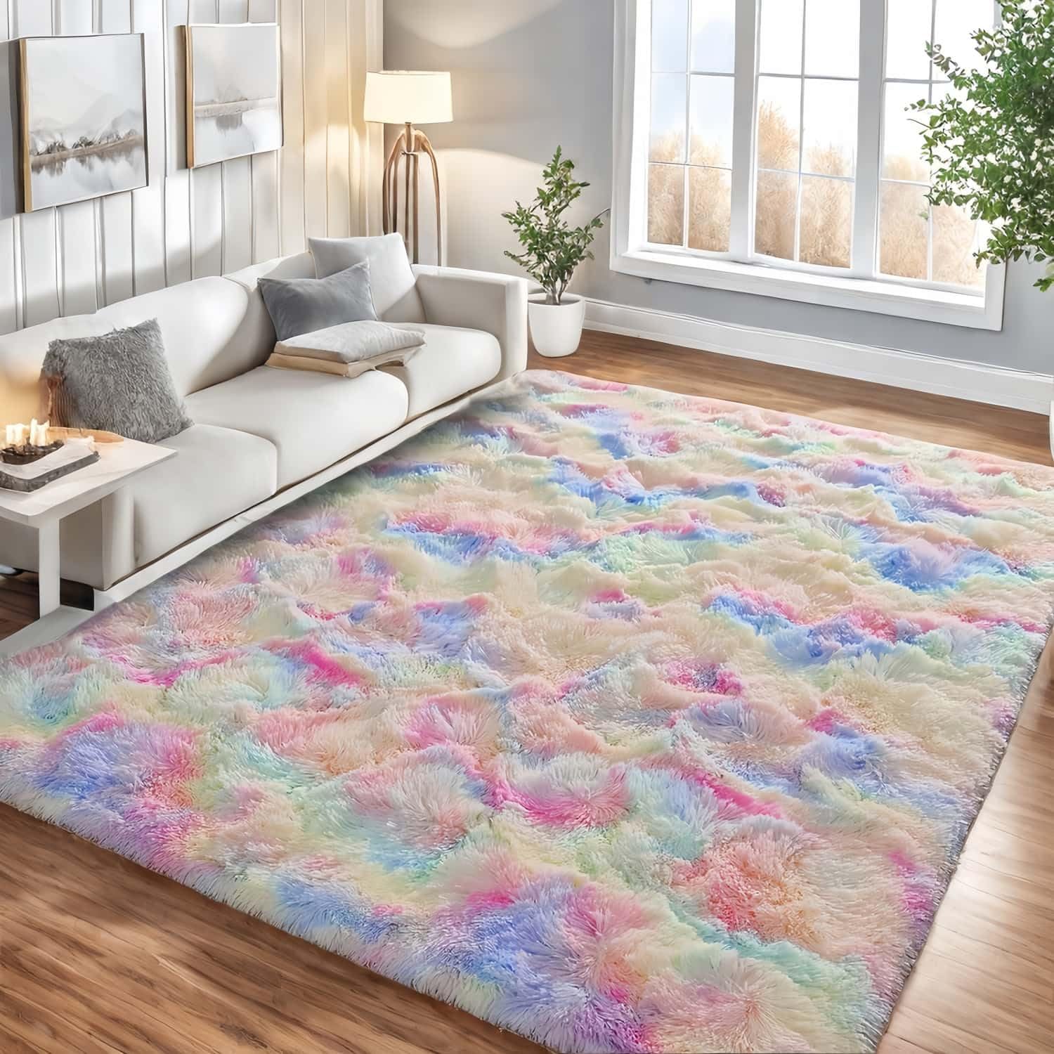 Lanyesky Alfombras Salón Grandes Pelo Largo Alfombra Habitación Dormitorio Lavables Alfombra de Pelo Largo para salón o Dormitorio, Alfombra esponjosa. (120x200cm, arcoíris)