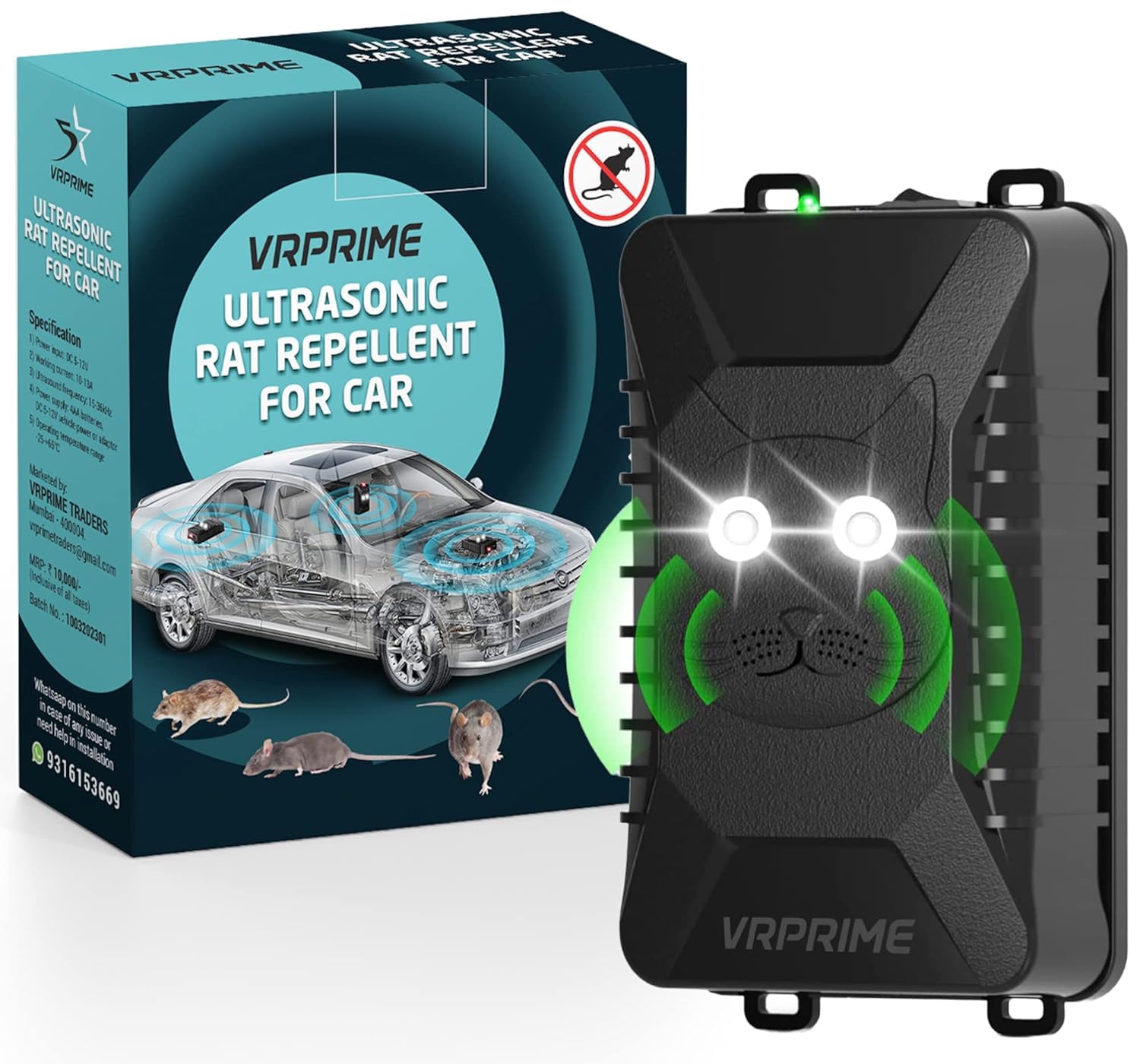 VRPRIME Ultrasonic Rat Repellent for Car | Rodent Repellent to Protect Wires in Car, Bike & Truck Engine | Easy to Use & LED Flashlights (Batteries not Included) (Pack of 1)-image-7