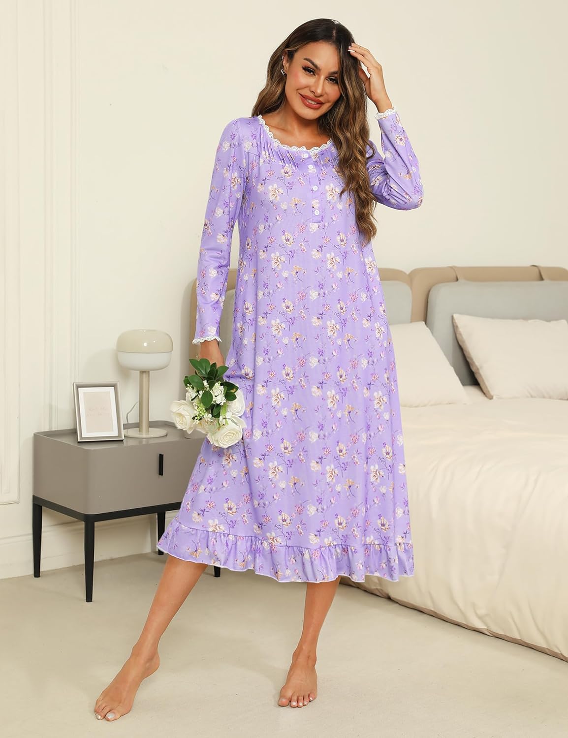 Marvmys Womens Cotton Long Sleeve Nightgown Long Sleepshirts Lace Trim Victorian Sleepwear with Pockets - Image 8