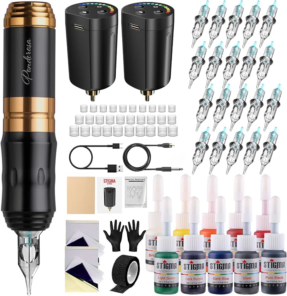 STIGMA Complete Wireless Tattoo Gun Kit, Tattoo Pen Machine with 2 Batteries, 20 Cartridge Needles, 10 Colors Ink, Practice Skin, Full Tattoo Supplies for Beginners & Artists STP35TI4002-9