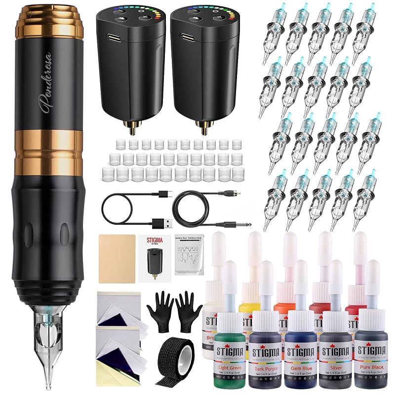 Kit para tatuagem sem fio STIGMA com caneta, 2 baterias, 20 agulhas cartucho, conjunto de tintas com 10 cores e pele para prática — STP35TI4002-9
