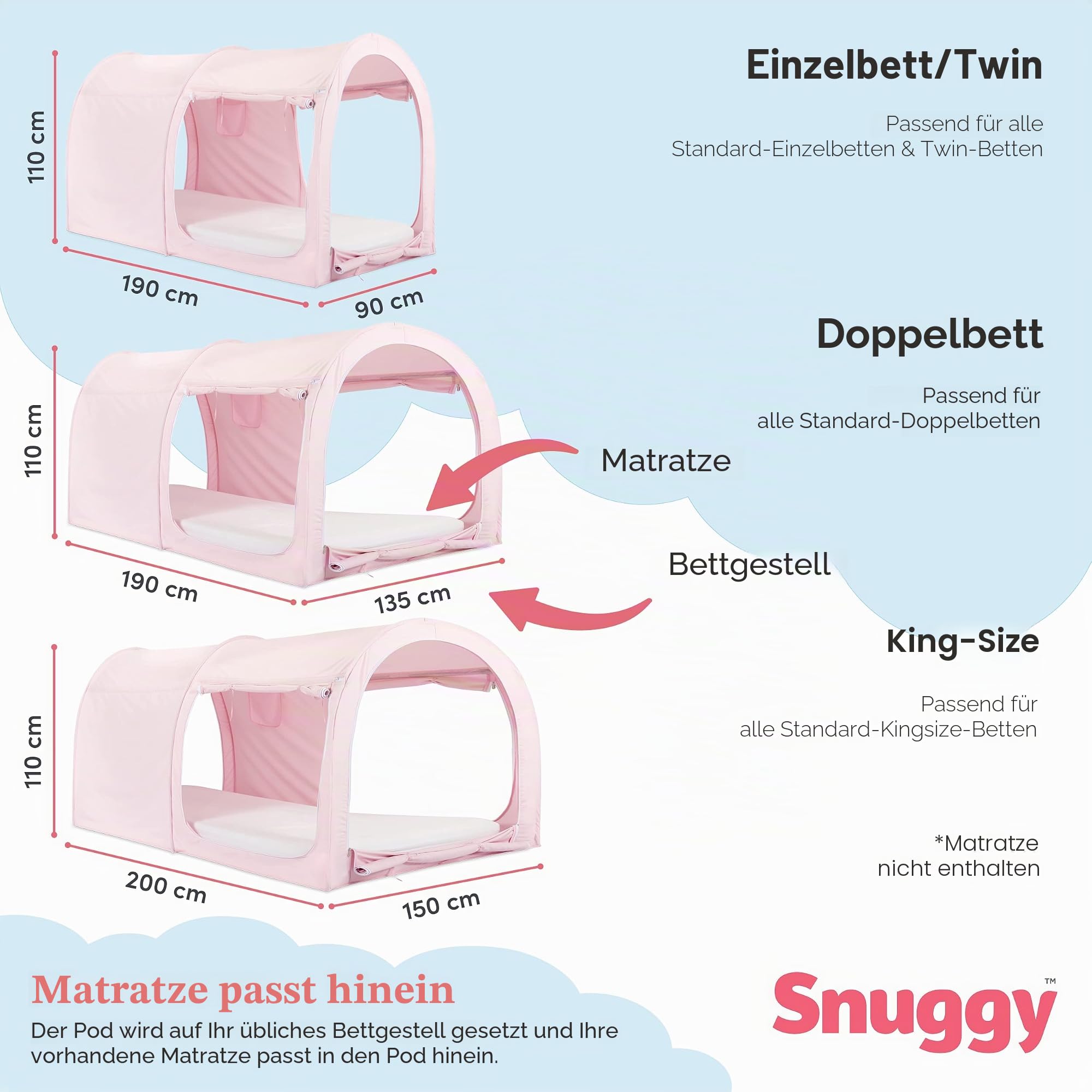Snuggy Betthimmel - Kinderzelt, Sichtschutz für Kinder I Baldachin Kinderzimmer, tragbares atmungsaktives Gewebe I Faltbares Design für Jungen und Mädchen I Indoorzelt (Rosa, Einzelbett)